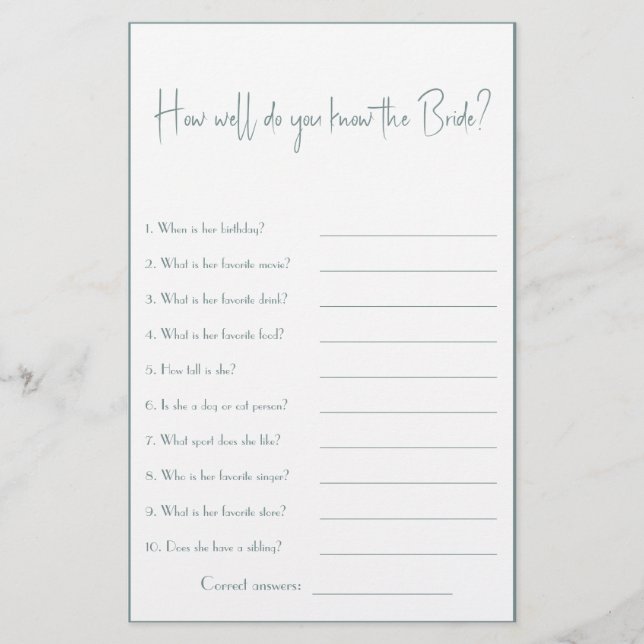 How well do you know the Bride? Shower Game Flyer (Front)