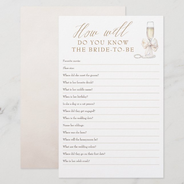 How Well Do You Know The Bride To Be Bridal Games (Front/Back)