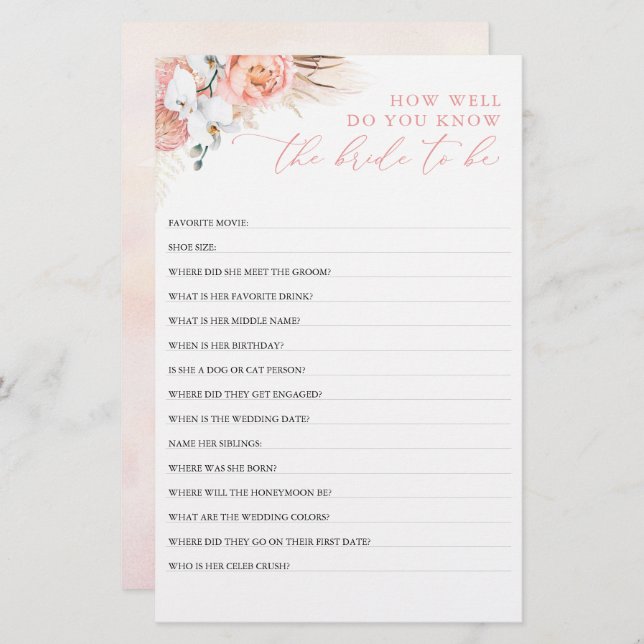 How Well Do You Know The Bride To Be Bridal Shower (Front/Back)