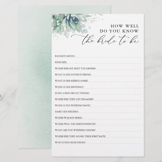 How Well Do You Know The Bride To Be Bridal Shower (Front/Back)
