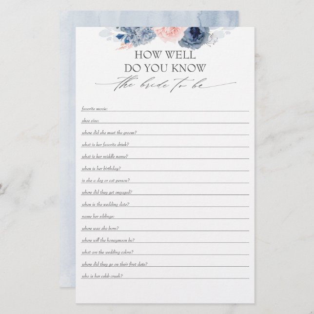 How Well Do You Know The Bride To Be Bridal Shower (Front/Back)