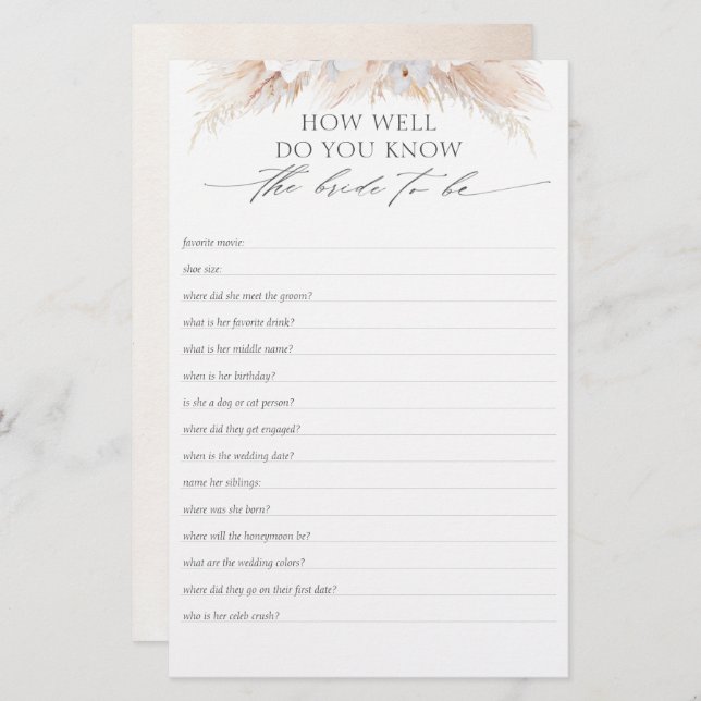 How Well Do You Know The Bride To Be Bridal Shower (Front/Back)