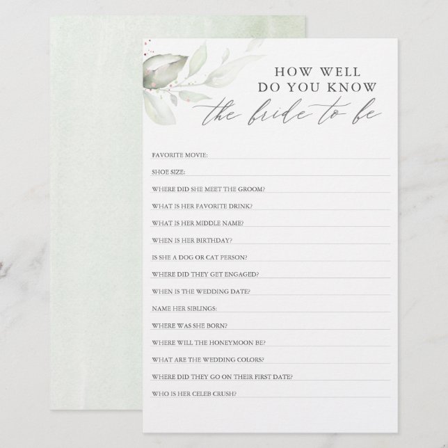 How Well Do You Know The Bride To Be Bridal Shower (Front/Back)