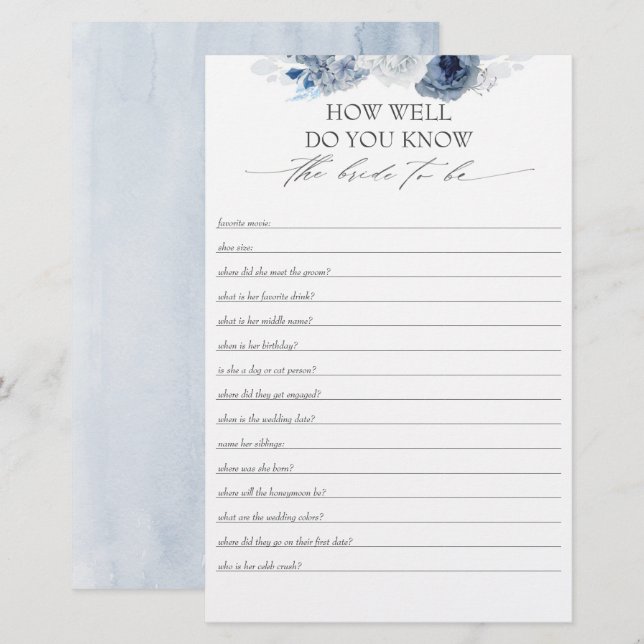 How Well Do You Know The Bride To Be Bridal Shower (Front/Back)