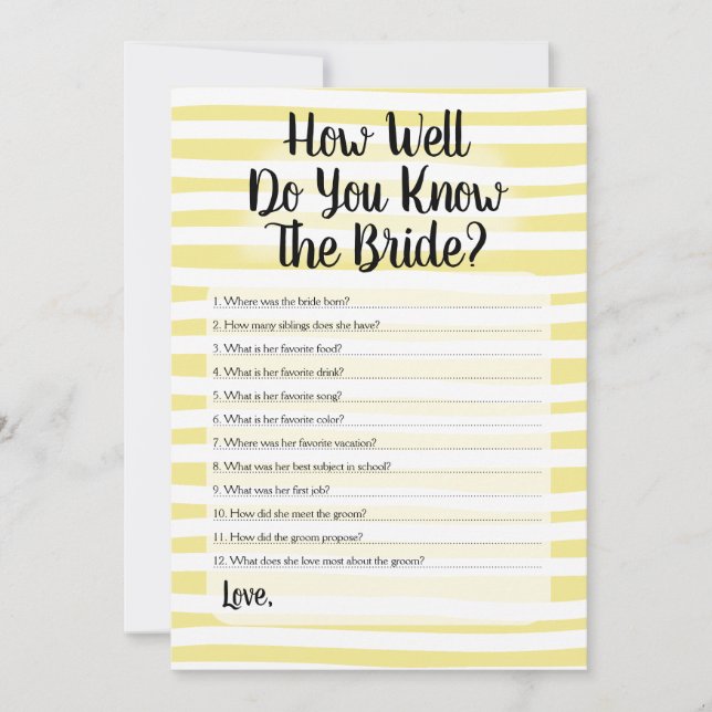 How Well Do You Know The Bride Yellow White Stripe Invitation (Front)
