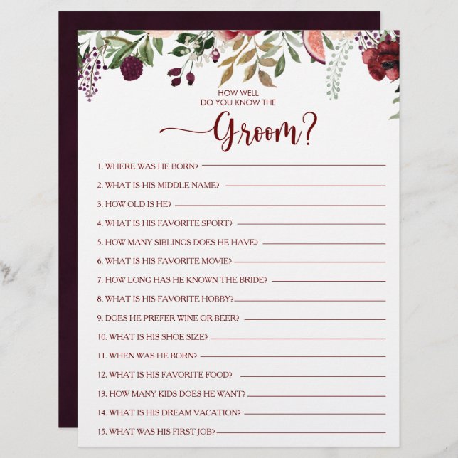 How Well Do You Know the Groom Bridal Shower Game (Front/Back)