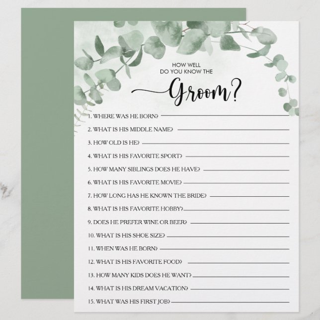 How Well Do You Know the Groom Bridal Shower Game (Front/Back)