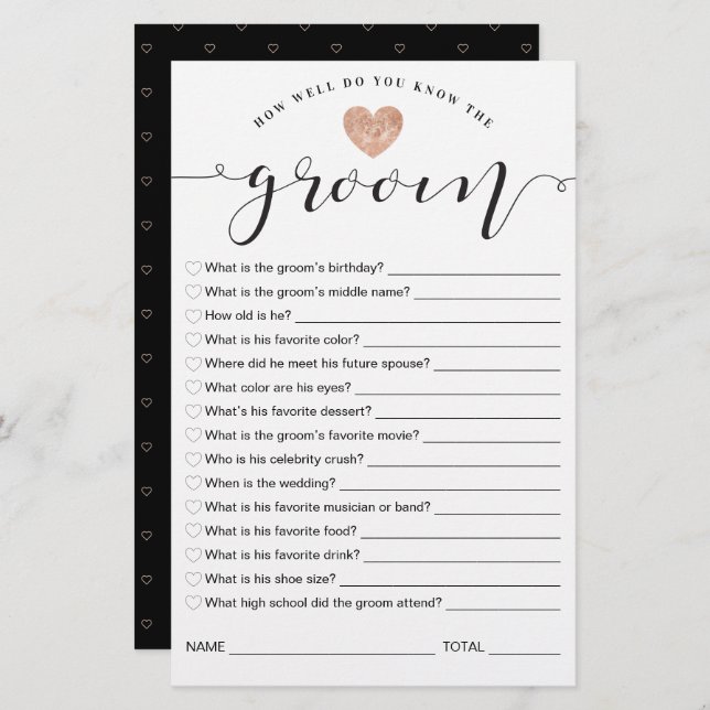 How Well Do You Know the Groom Bridal Shower Game (Front/Back)