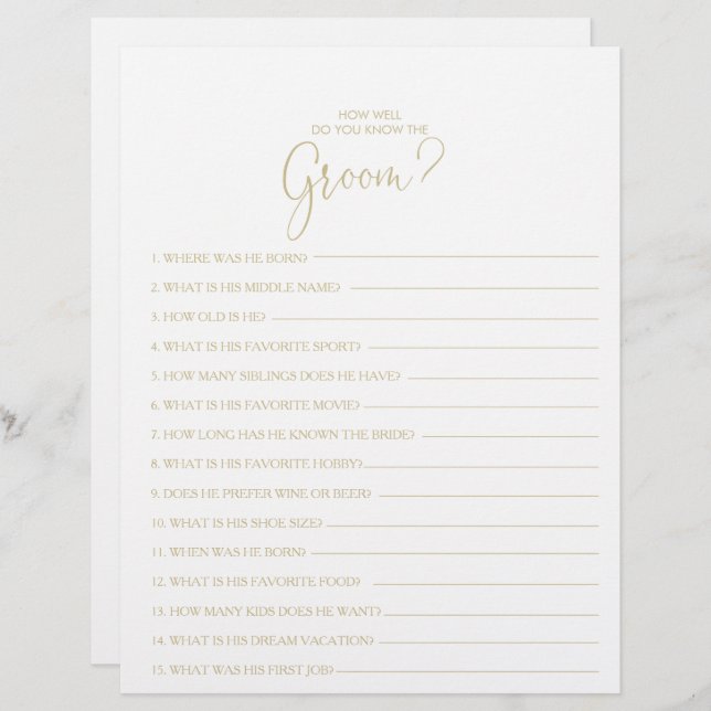 How Well Do You Know the Groom Bridal Shower Game (Front/Back)