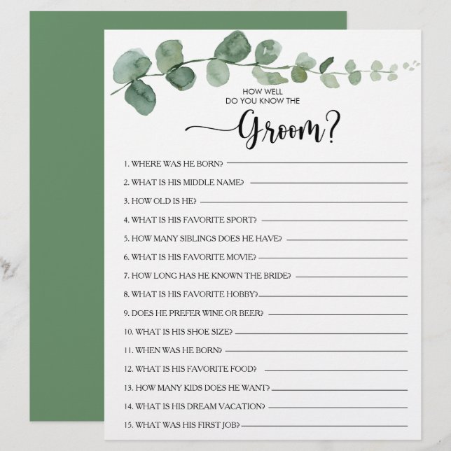 How Well Do You Know the Groom Bridal Shower Game (Front/Back)