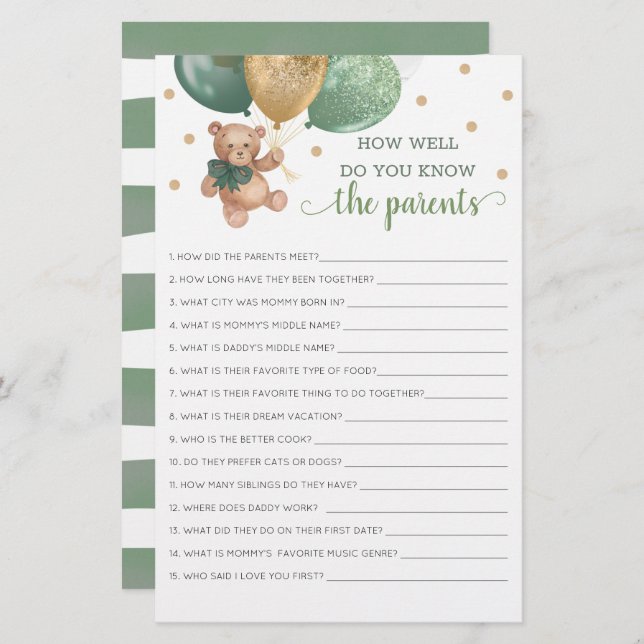 How Well Do You Know The Parents Game Teddy Bear  (Front/Back)