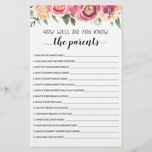 How well do you know the Parents party game (Front)