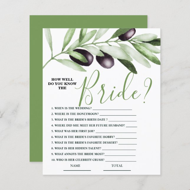 How well know Bride Olive Branch Bridal Game (Front/Back)