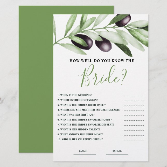 How well know Bride Olive Branch Bridal Game (Front/Back)