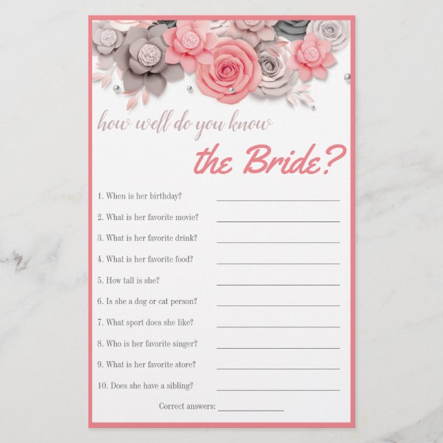 How Well Know the Bride? Bridal Shower Game Flyer (Front)