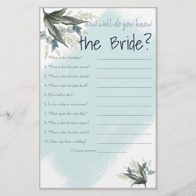 How Well Know the Bride? Bridal Shower Game Flyer (Front)