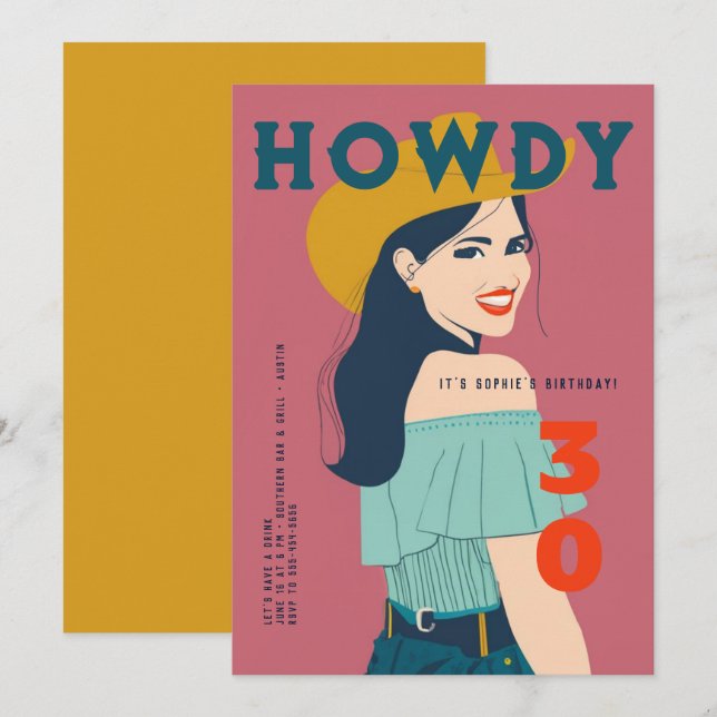 Howdy 30 Western Retro Pink Teal 30th Birthday Invitation (Front/Back)