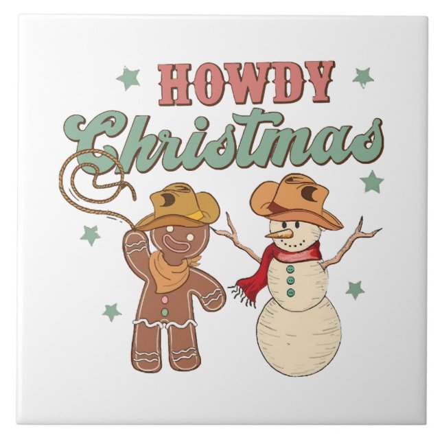 Howdy Christmas Cowboy Snowman Western Funny Tile (Front)