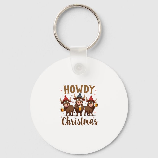 Howdy Christmas Funny Highland Cow Xmas Cows Lover Keychain (Front)