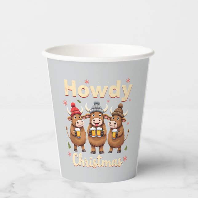 Howdy Christmas Funny Highland Cow Xmas Cows Lover Paper Cups (Front)
