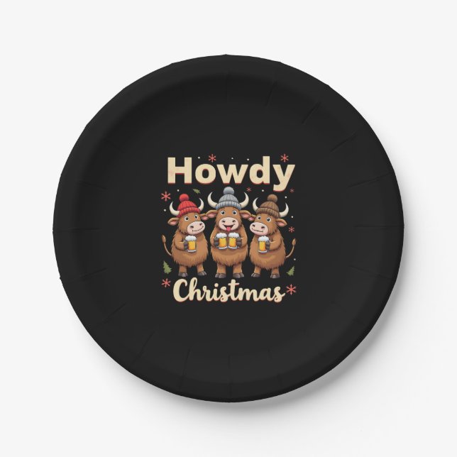 Howdy Christmas Funny Highland Cow Xmas Cows Lover Paper Plate (Front)