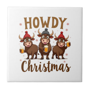 Howdy Christmas Funny Highland Cow Xmas Cows Lover Tile