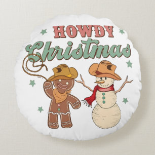 Howdy Christmas Groovy Cowboy Snowman Wester Funny Round Pillow