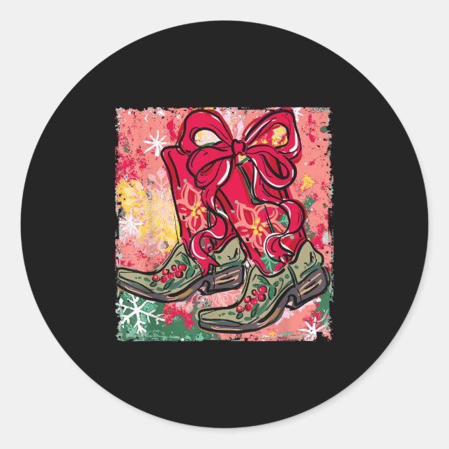 Howdy Christmas Merry Christmas Bow Boots Cowgirl  Classic Round Sticker (Front)