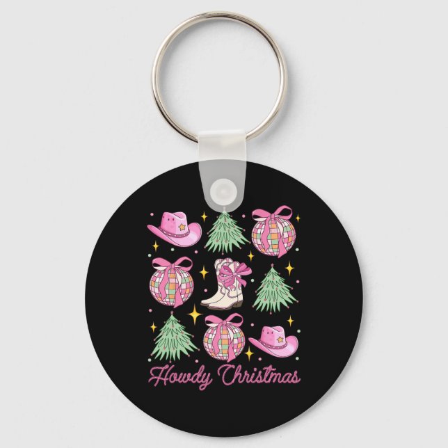 Howdy Christmas Pink Coquette Bow Xmas Tree Wester Keychain (Front)