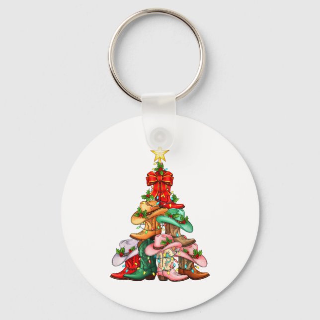 Howdy Christmas Tree Western Cowgirl Boots Xmas Li Keychain (Front)