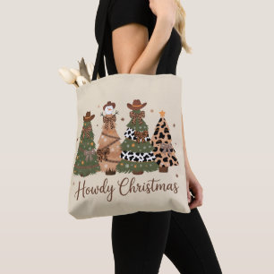 Howdy Christmas Western Retro Tree Cowboy Cowgirl Tote Bag