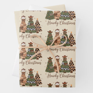 Howdy Christmas Western Retro Tree Cowboy Cowgirl  Wrapping Paper Sheet
