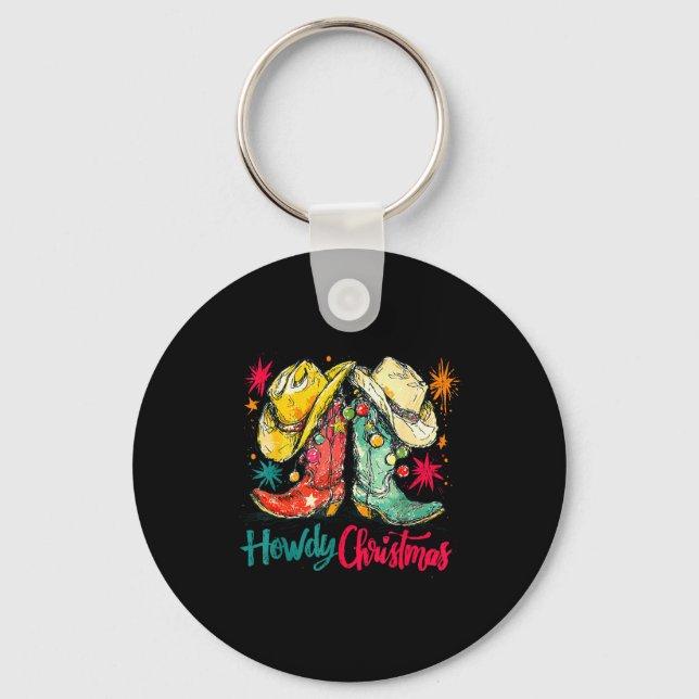 Howdy Christmas Xmas Cowboy Boots Western Pajamas  Keychain (Front)