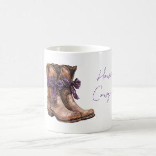 Howdy Cowgirl Brown Boots Purple Bows Coffee Mug