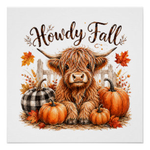 Howdy Fall Highland Cow Happy Thanksgiving Autumn Poster