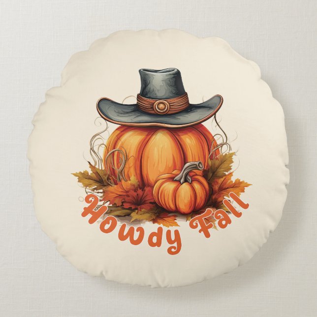 Howdy Fall – Rustic Autumn Vibes Round Pillow (Front)