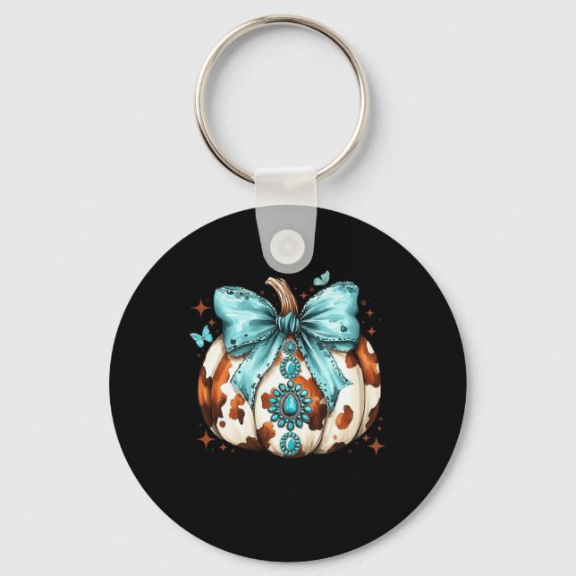 Howdy Fall Western Pumpkin Halloween Cowhide Pumpk Keychain (Front)
