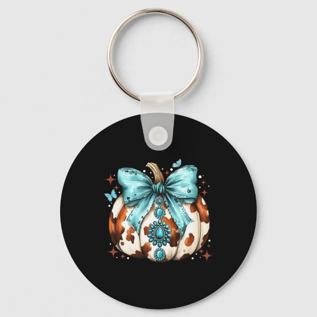 Howdy Fall Western Pumpkin Halloween Cowhide Pumpk Keychain (Front)