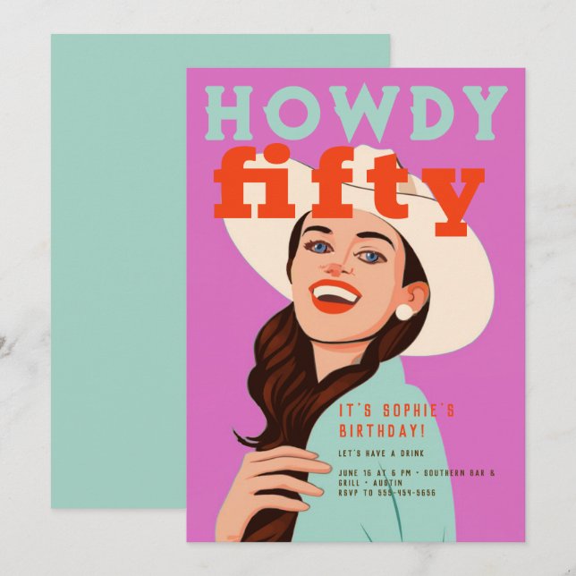 Howdy Fifty Western Retro Brown Pink 50th Birthday Invitation (Front/Back)