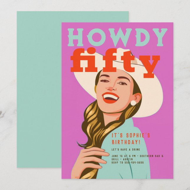 Howdy Fifty Western Retro Chic Pink 50th Birthday Invitation (Front/Back)