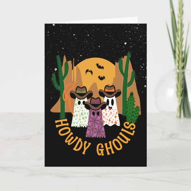 Howdy Ghouls Halloween Ghost Cowboy Card (Front)