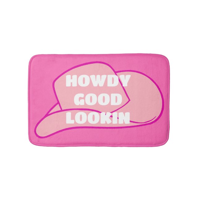 Howdy Good Lookin Rancher Cowboy Hat Hot Pink  Bath Mat (Front)