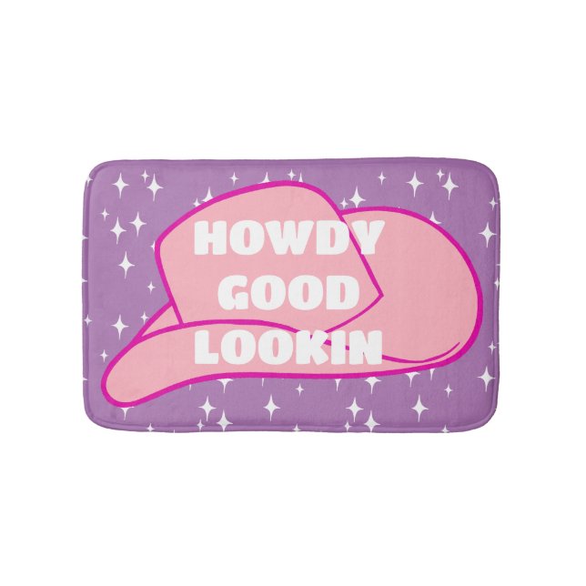 Howdy Good Lookin Rancher Cowboy Hat Lilac Dorm Bath Mat (Front)