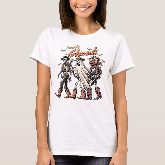 Howdy Gouls Western Halloween skeleton pumpkin T-Shirt (Front)