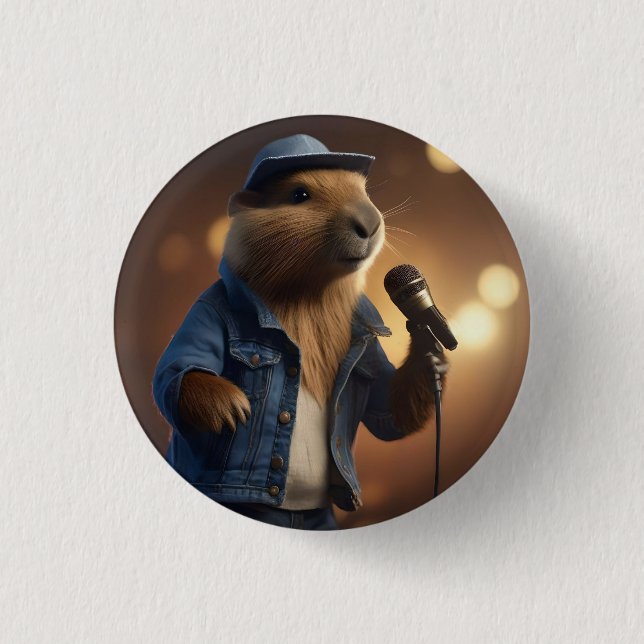 "Howdy Harmonics: The Denim-Clad Capybara Crooner" 1 Inch Round Button (Front)