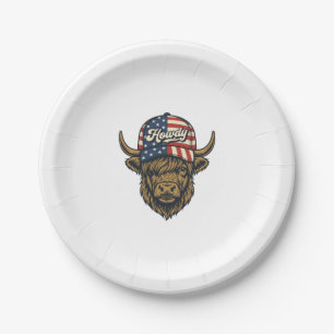 Howdy Highland Cow Patriotic Vintage Western Desig Paper Plate