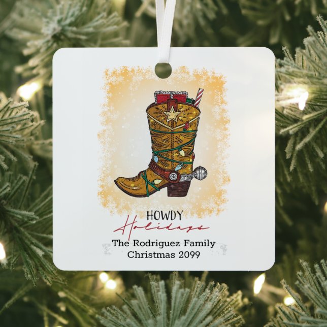 Howdy Holidays Christmas Lights Cowboy Boot Metal Ornament (Insitu)