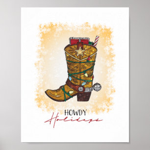 Howdy Holidays Christmas Lights Cowboy Boot Poster