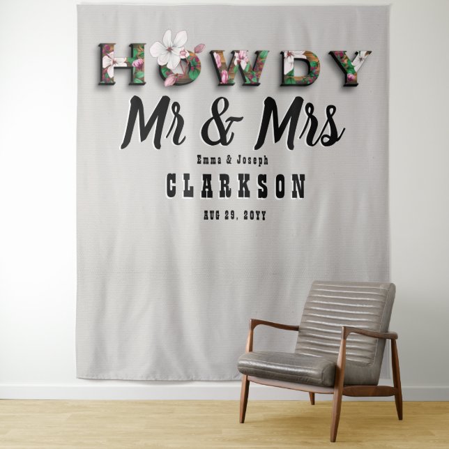 Howdy Mr and Mrs Rustic Floral Linen Wall Backdrop Tapestry (In Situ)