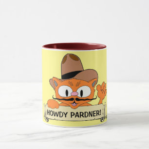 "HOWDY PARDNER!" Cartoon Cowboy Moustache Cat Funn Mug